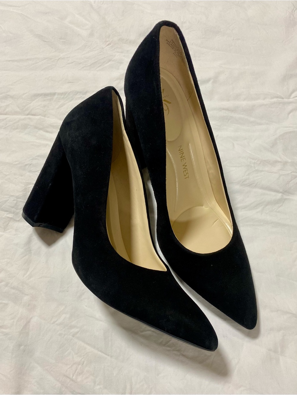 Nine West Black Suede Pointed Block Heel Pumps